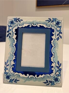 Joan Baker Hand Painted Glass Picture Frame Blue Floral 6x7 Wallet Size